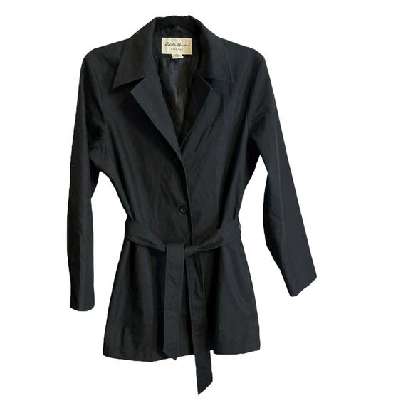 Eddie Bauer Black Cotton Single Breasted Belted Trench Jacket M Lightweight - Picture 2 of 10
